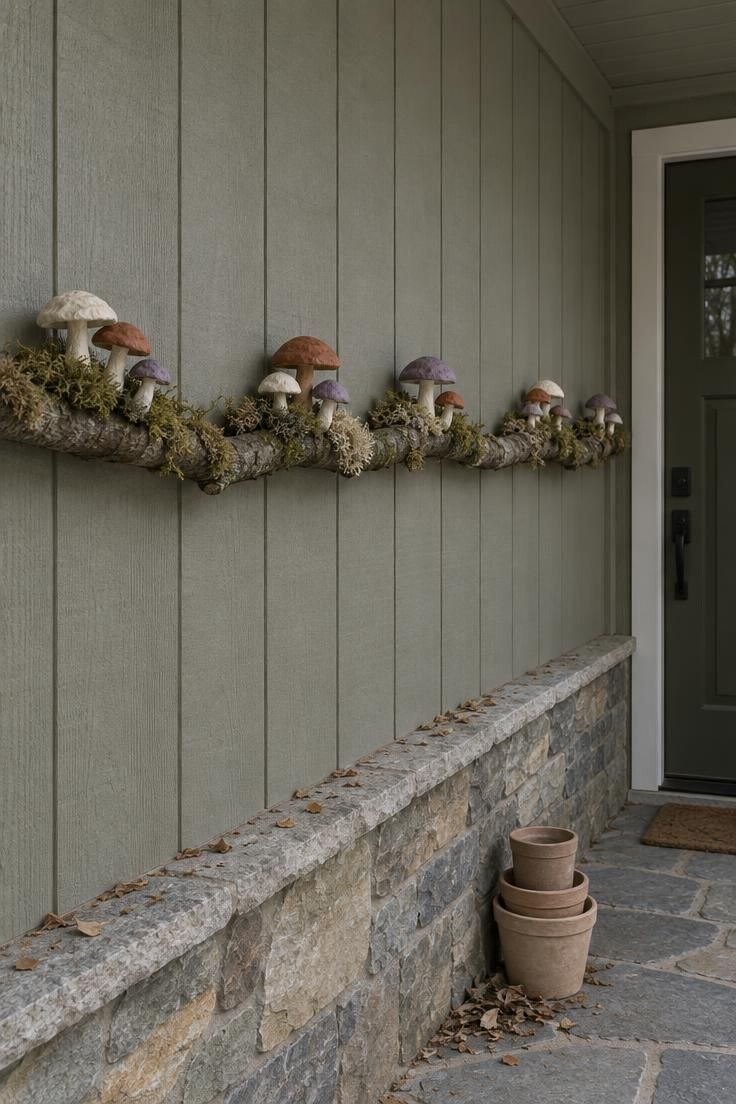 11 Charming Halloween Porch Ideas for a Festive Entry 11 Mossy horizontal branch along a porch wall with scattered paper-clay mushrooms and preserved moss at chest height.