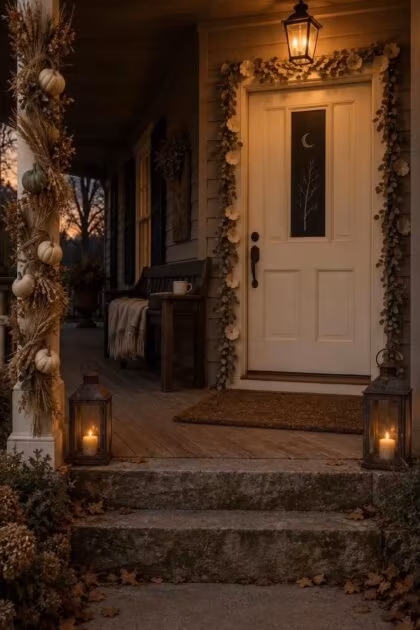 11 Charming Halloween Porch Ideas for a Festive Entry Dusk view of a cozy covered porch with a warm-lit pale door, eucalyptus garland, iron lanterns, a wrapped post, and a bench with a folded throw.