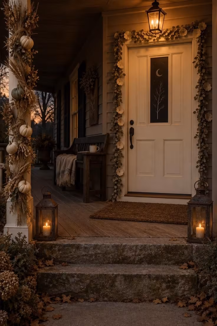 Simple Spaces 19 Dusk view of a cozy covered porch with a warm-lit pale door, eucalyptus garland, iron lanterns, a wrapped post, and a bench with a folded throw.