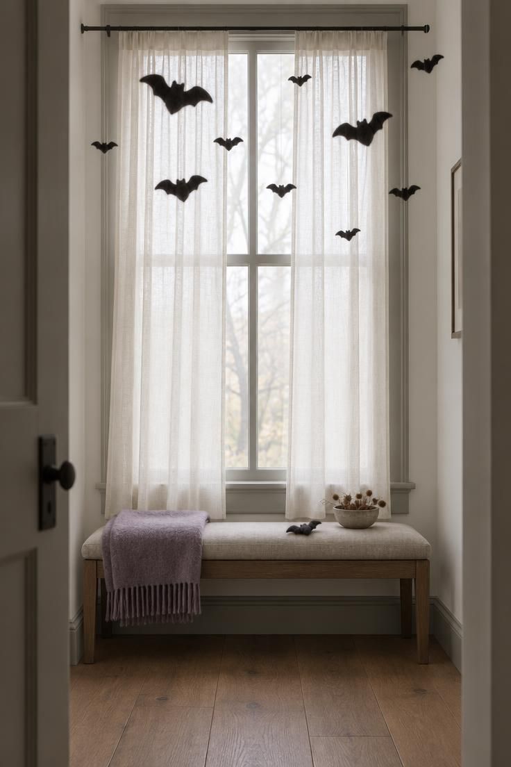 Black felt bats in three sizes suspended at uneven heights above a window with sheer curtains, a bench below holding a folded throw.