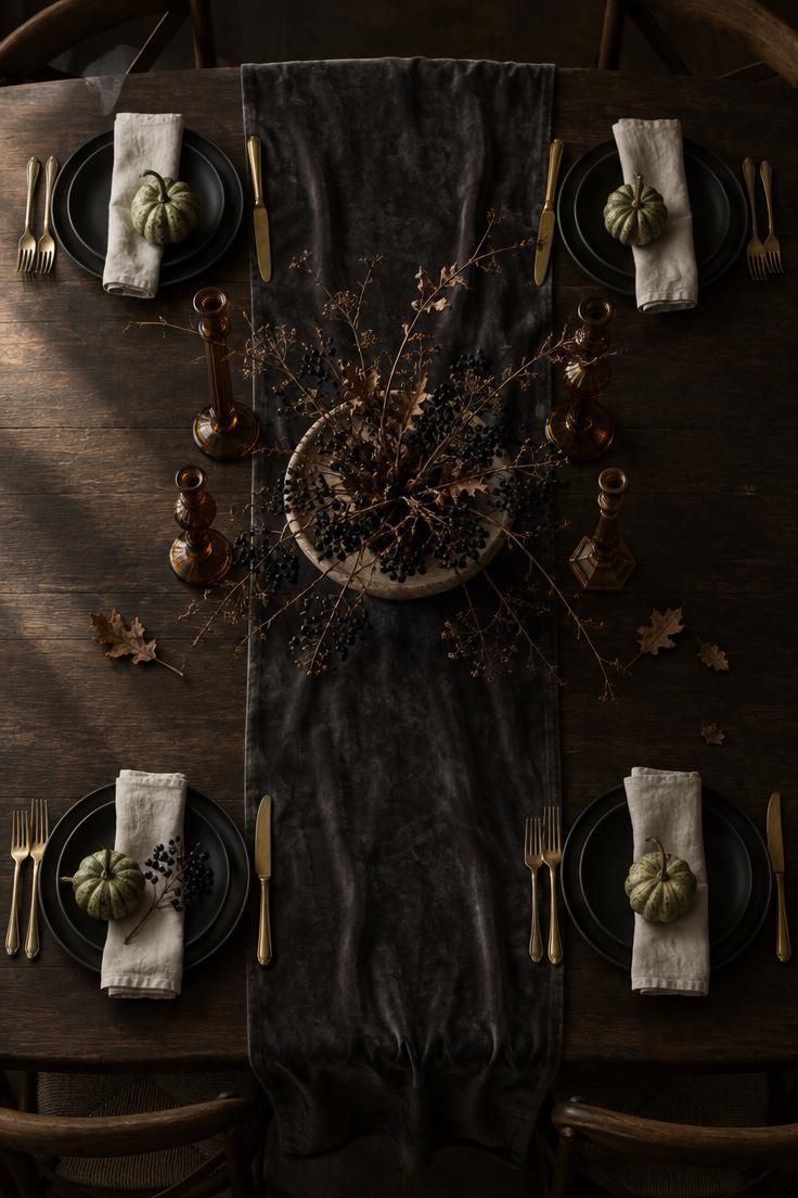 An overhead view of a dining table with a charcoal velvet runner, a low bowl of dried branches, amber glass candlesticks, and gourds at each place setting.