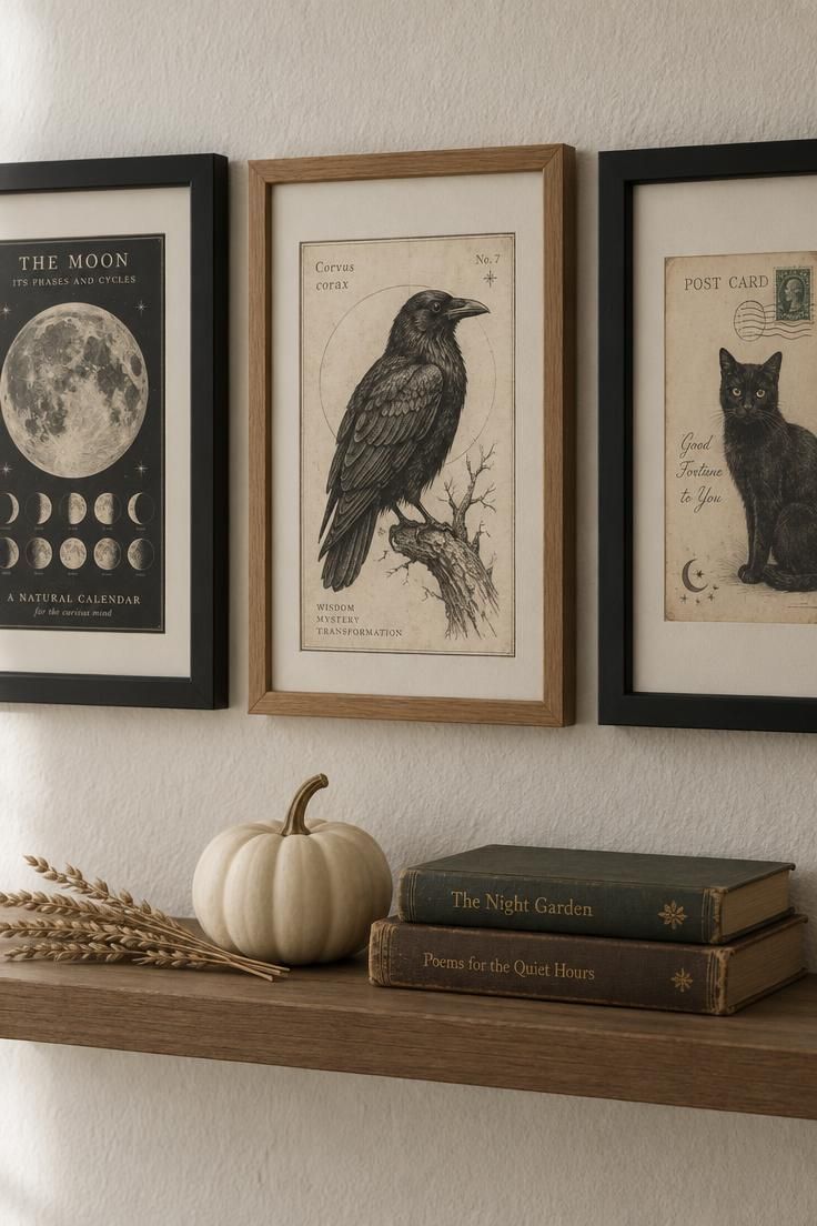 Three framed vintage Halloween prints on a wall, including a moon chart, a raven, and a black cat, with a small pumpkin on a shelf below.