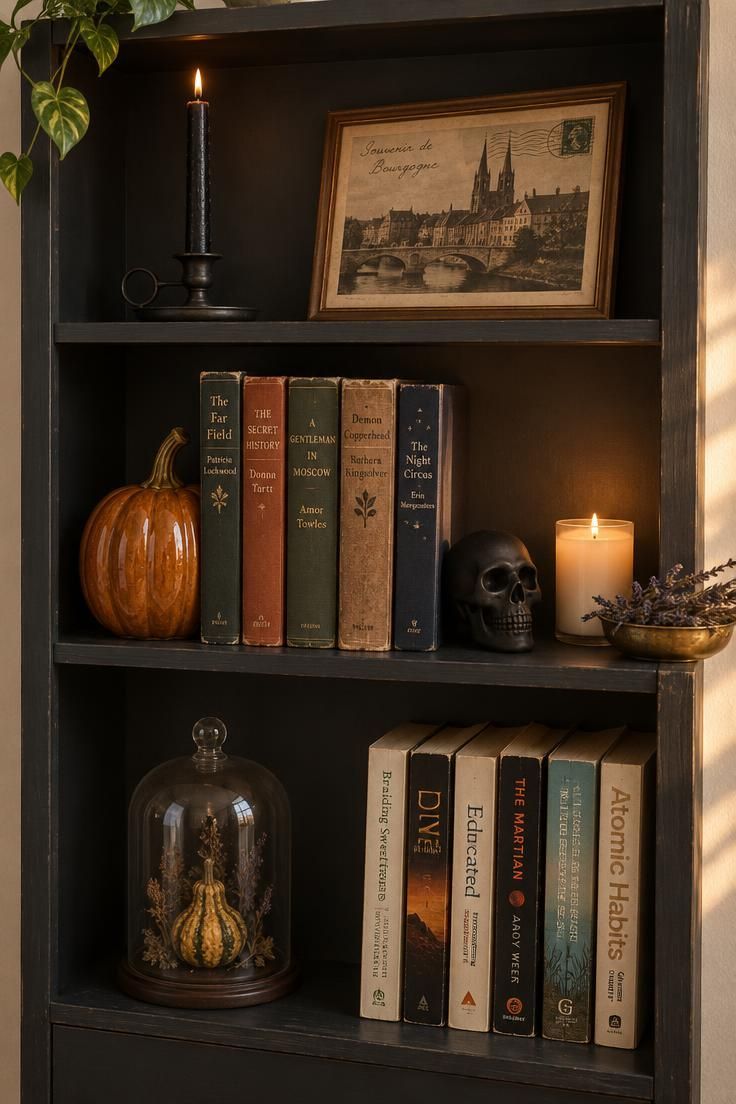 A charcoal bookcase with a ceramic pumpkin bookend, a small skull figurine, a candle, and a framed postcard tucked among everyday books and objects.
