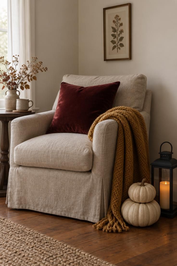 An oatmeal armchair with an oxblood velvet pillow, a mustard throw, and a low stack of pumpkins beside a black lantern on the floor.