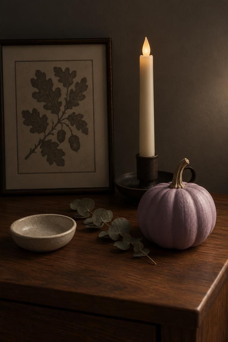 A wooden nightstand styled with a lavender painted gourd, a flameless taper in an iron holder, a leaning seasonal print, and a small ceramic dish.