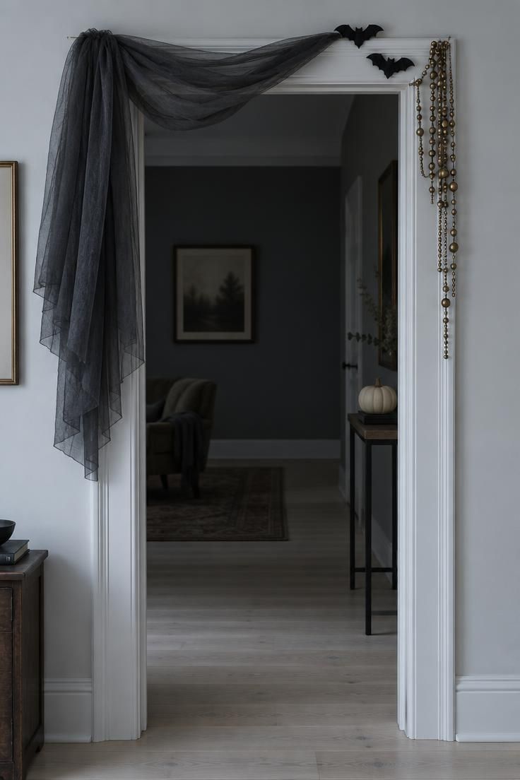 A doorway draped with charcoal tulle on one corner and an antique gold beaded garland on the other, with two small felt bats at the top edge.