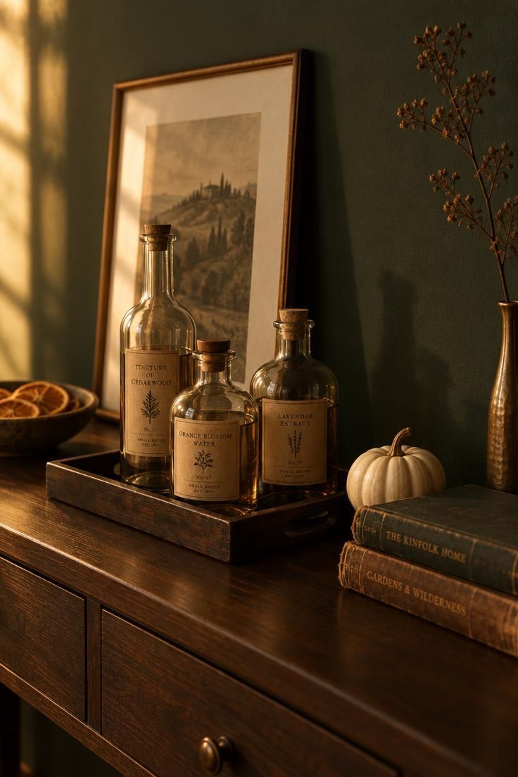 A console styled as a potion station with glass bottles on a tray, a small pumpkin, old books, a bowl of dried orange slices, and a leaning framed print.