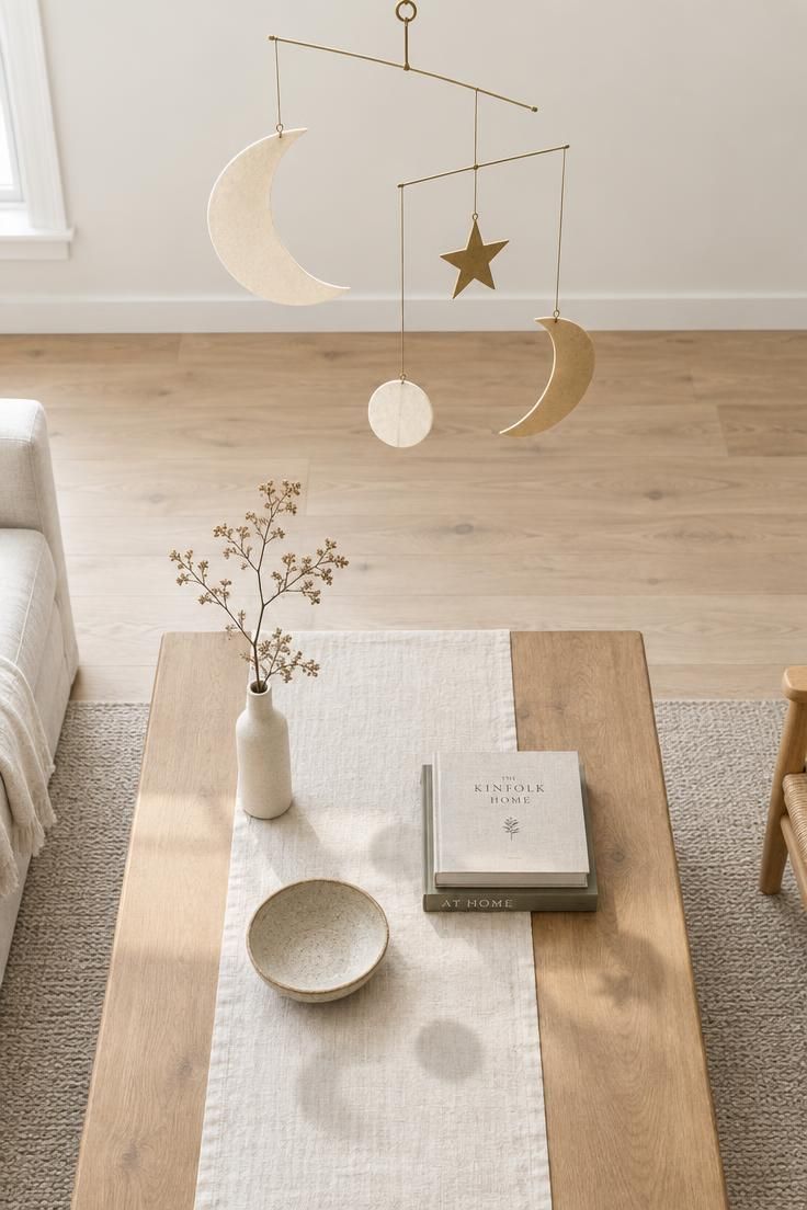 A matte paper mobile with cream and gold moons and a star hanging above a low coffee table styled with a stoneware bowl and stacked books.