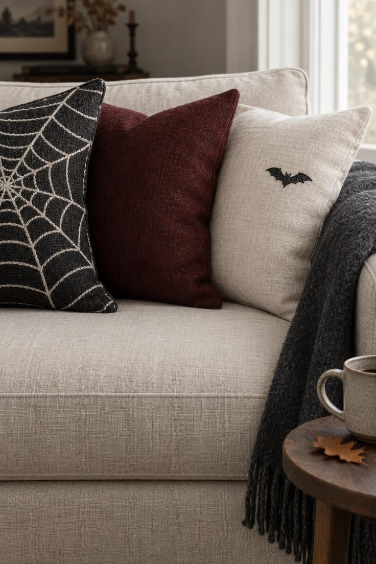A cream sofa with a web-patterned pillow, a solid oxblood pillow, a cream pillow with an embroidered bat, and a folded charcoal wool throw.