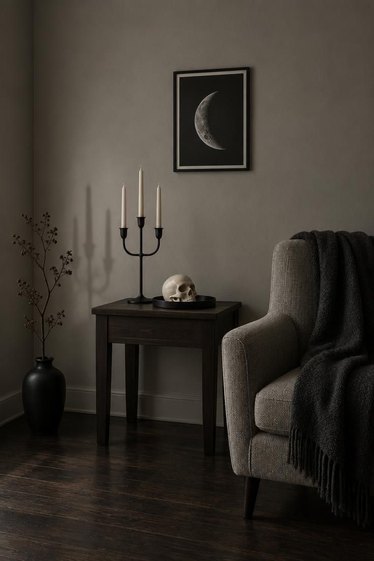 A monochrome corner with a black candelabra, a cream ceramic skull on a black tray, a charcoal throw, and a printed crescent moon on the wall.