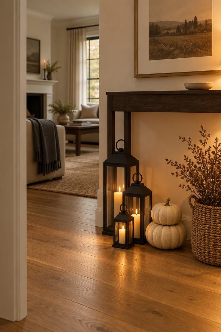 Three graduated black lanterns, a stack of cream pumpkins, and a woven basket of dried branches clustered on the floor beside a console.