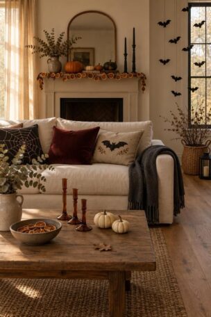 A cozy living room with a cream sofa, seasonal pillows and a wool throw, a styled coffee table, a warm mantel vignette, and hanging felt bats near a bright window.