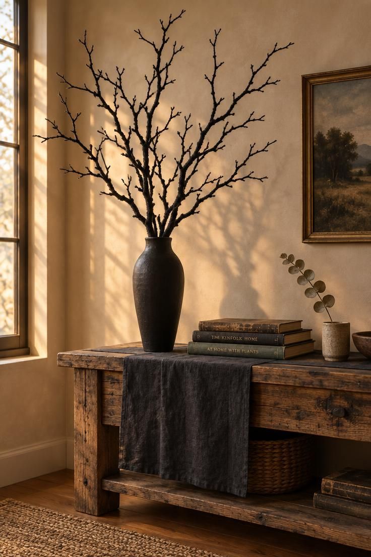 A tall black ceramic vase on a wood console holding black flocked branches that stretch up a cream wall in warm afternoon light