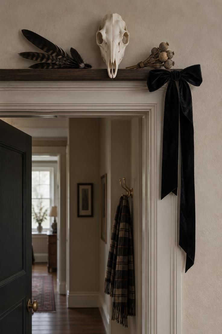 A white faux skull on a thin dark wood shelf above a doorway with a black velvet ribbon bow cascading down the wall