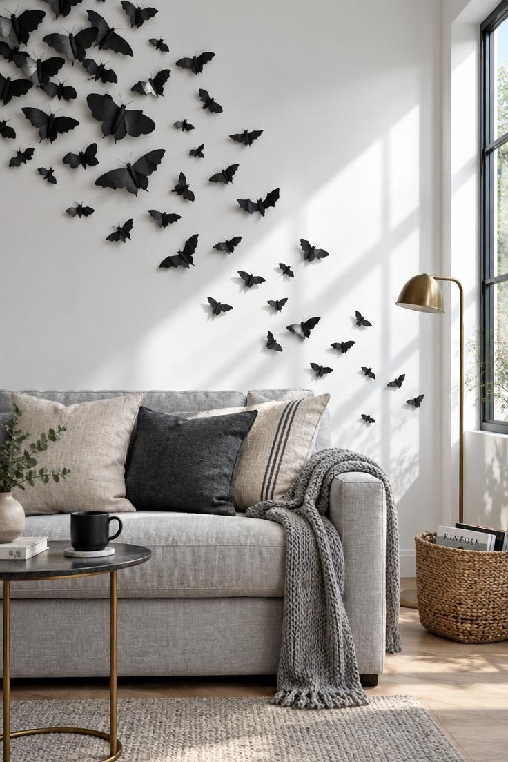 A drift of black paper moths and bats covering a white wall above a pale gray sofa, densest at the top left corner