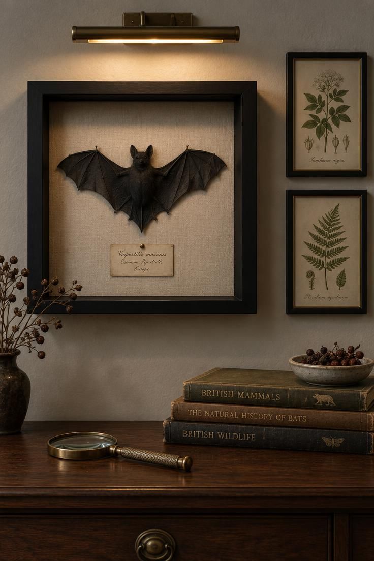 A black shadow box displaying a flat paper bat on cream linen, flanked by two small botanical prints in thin black frames