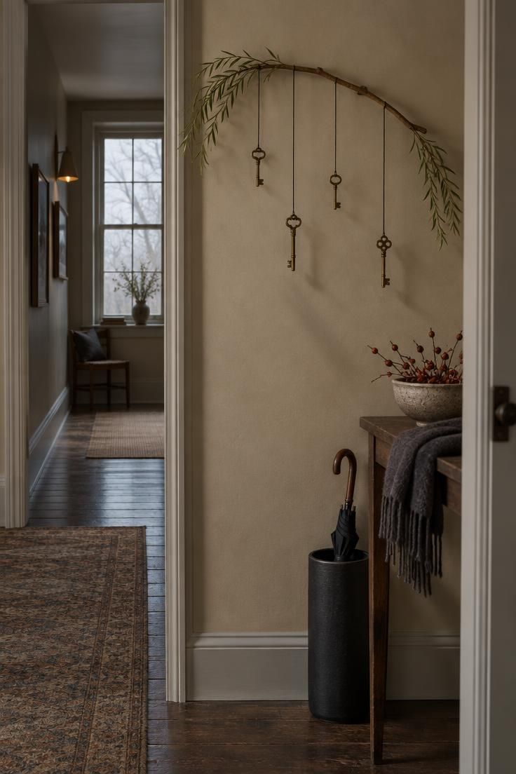 A bent willow branch arch on a beige hallway wall with four antique brass keys hanging at different heights below it