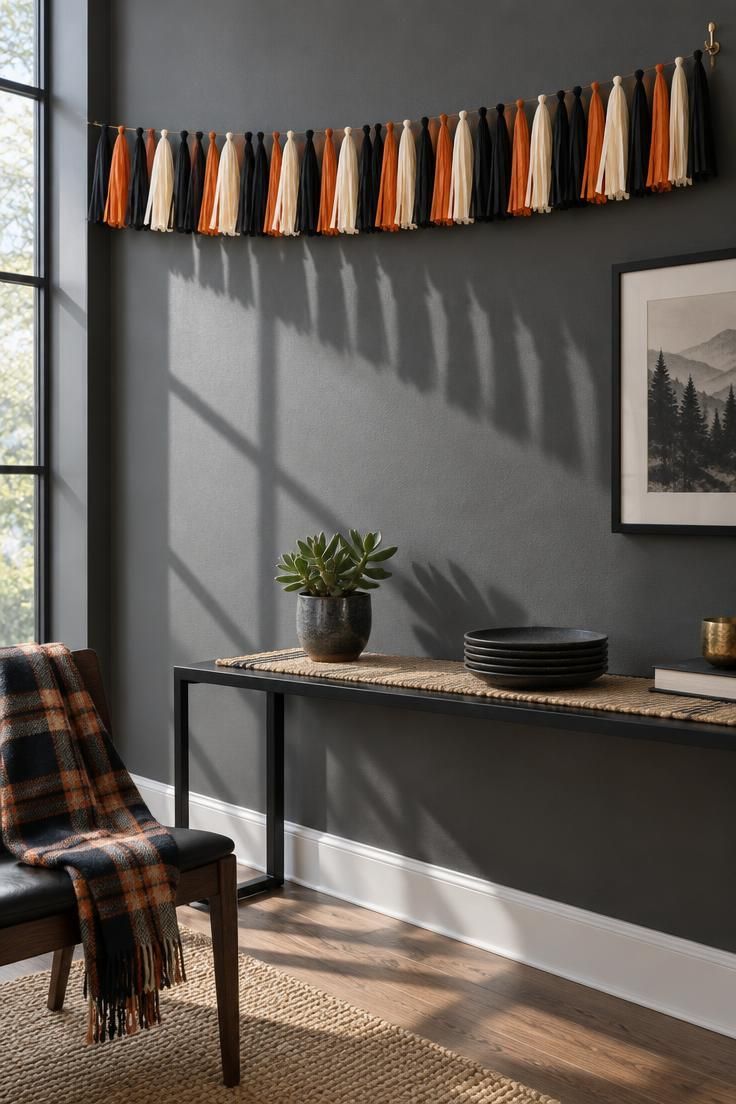 A garland of charcoal, blood orange, and cream crepe paper tassels running along the top of a dark gray wall