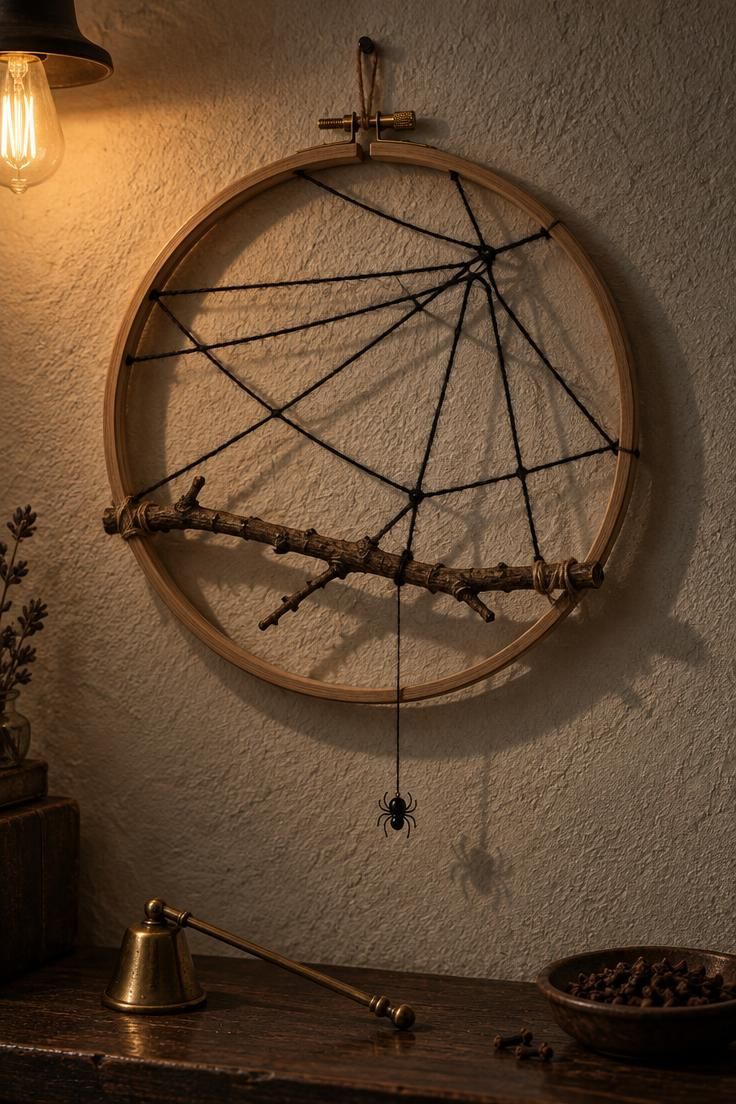 An embroidery hoop with a sparse black yarn web and a small walnut branch, with one black spider bead hanging from the lowest strand