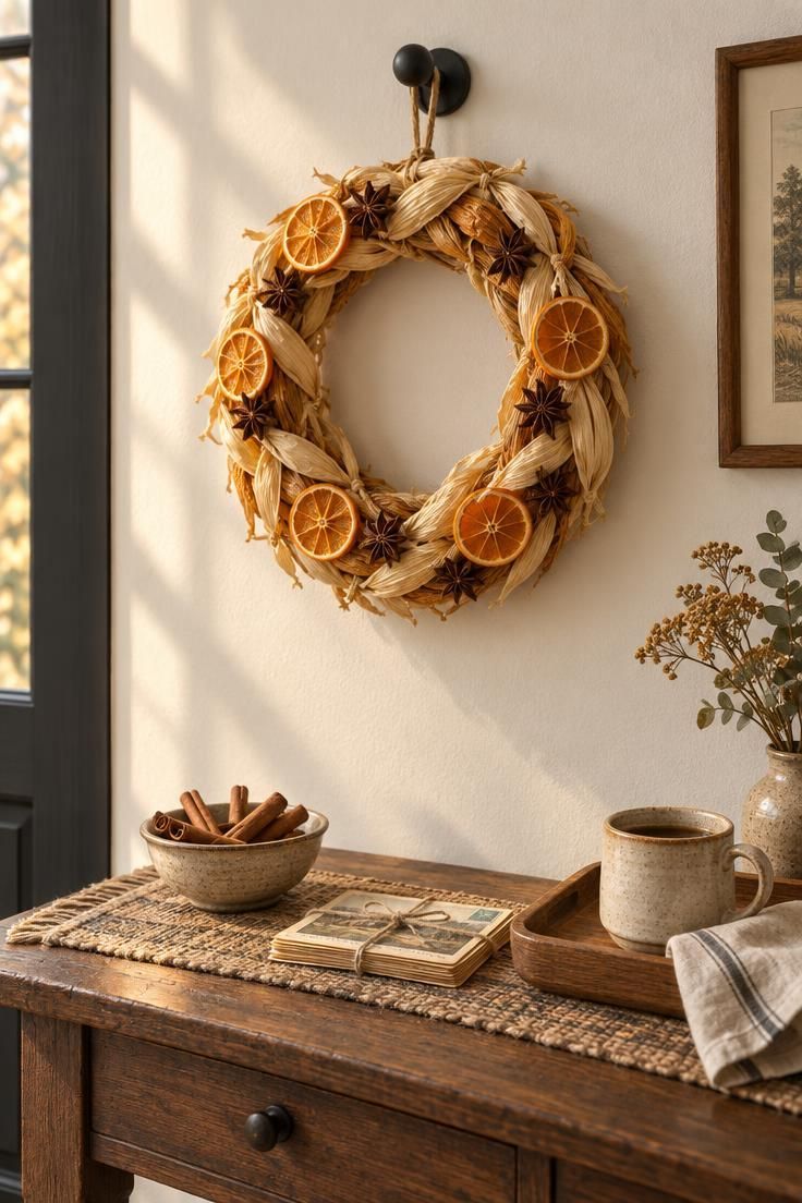 A corn husk wreath with dried orange slices and star anise hanging from a black peg on a white wall above an entry table