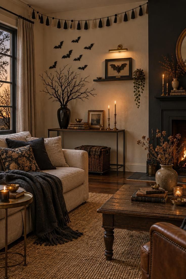 Simple Spaces 17 A cozy living room corner with black flocked branches, paper bats, a shadow-box bat, and a crepe paper tassel banner layered across a cream and charcoal wall in warm lamplight