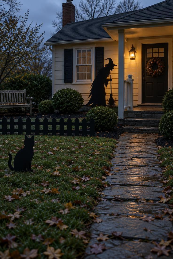 11 Spooky Halloween Yard Ideas for a Playful Street 1 Black plywood silhouette cutouts of a cat, fence, and witch staged at three depths on a lawn in front of a softly lit house wall at dusk.