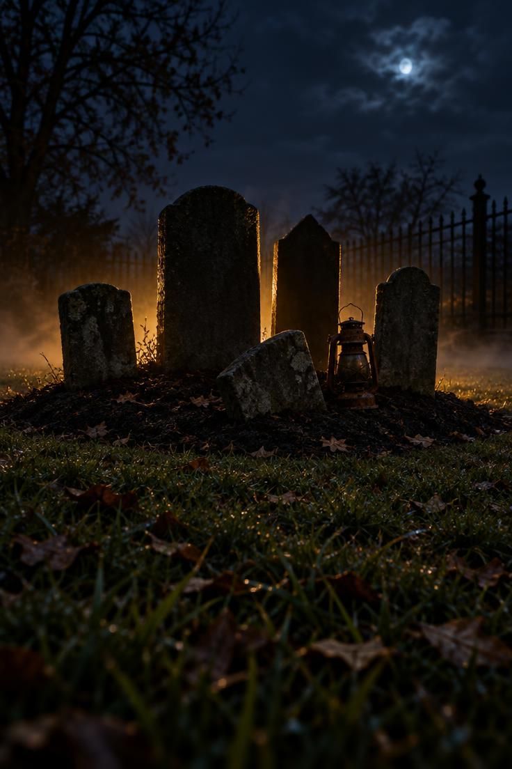 11 Spooky Halloween Yard Ideas for a Playful Street 2 Tilted stone-look gravestone markers on a mulch mound with warm light glowing from behind them on a dark lawn.