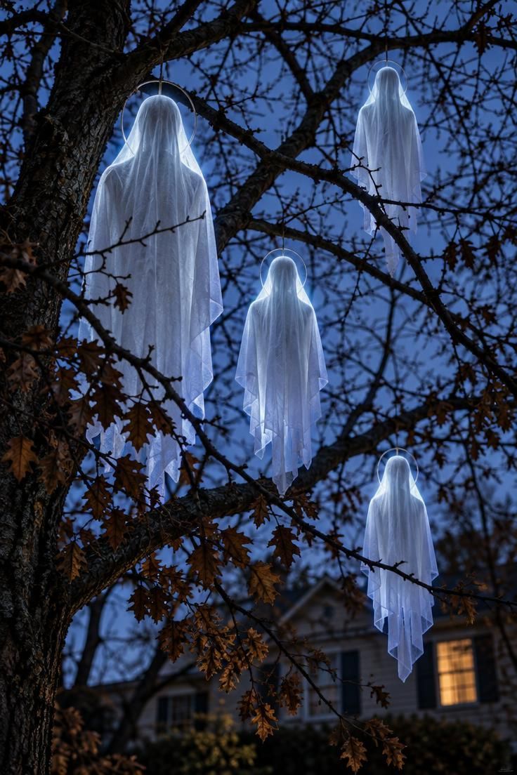 11 Spooky Halloween Yard Ideas for a Playful Street 3 Pale fabric ghost forms hanging at different heights from a bare tree, backlit against a dim sky.