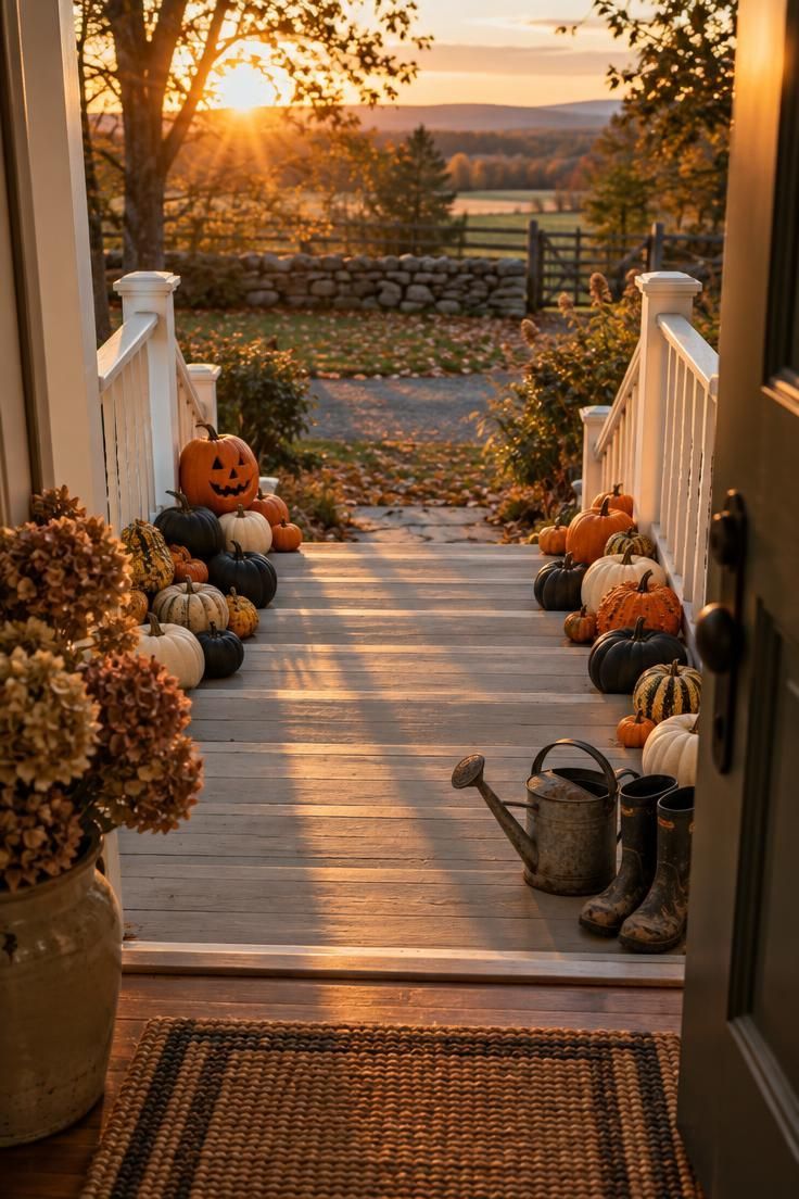 11 Spooky Halloween Yard Ideas for a Playful Street 4 Pumpkins and gourds lining both edges of a porch staircase in a mix of natural orange, matte black, and bone white finishes.