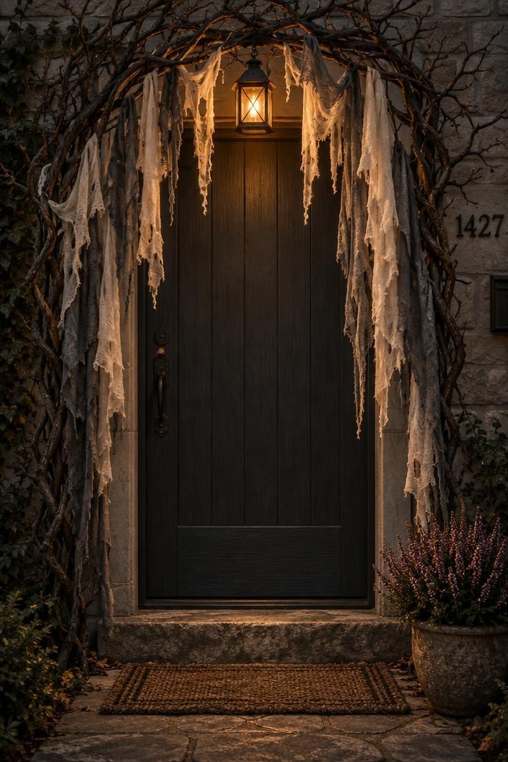 11 Spooky Halloween Yard Ideas for a Playful Street 5 A curved arch of twisted bare branches over a front door hung with torn gray cloth and a small centered lantern.