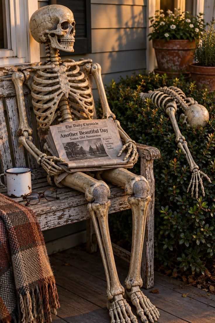 11 Spooky Halloween Yard Ideas for a Playful Street 6 A posable skeleton seated on a porch bench with a newspaper and a second skeleton face-down in a shrub nearby.