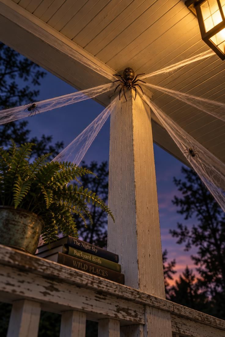 11 Spooky Halloween Yard Ideas for a Playful Street 7 Stretched white webbing radiating from one porch corner anchor point with an oversized spider at the junction.