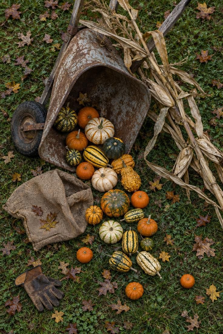 11 Spooky Halloween Yard Ideas for a Playful Street 8 An overhead view of a tipped wheelbarrow with gourds spilling in an arc across a lawn beside dried corn stalks.