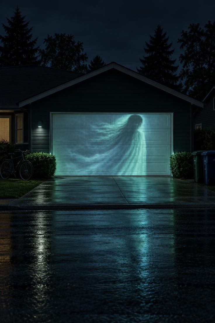 11 Spooky Halloween Yard Ideas for a Playful Street 9 A ghostly image projected across a pale garage door at night with green and blue light spilling onto the driveway.