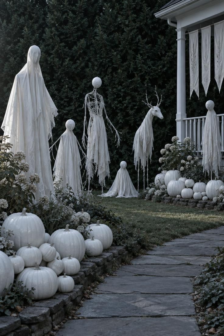 11 Spooky Halloween Yard Ideas for a Playful Street 10 An all-white grouping of fabric figures, painted pumpkins, and pale banners set against a dark evergreen hedge.