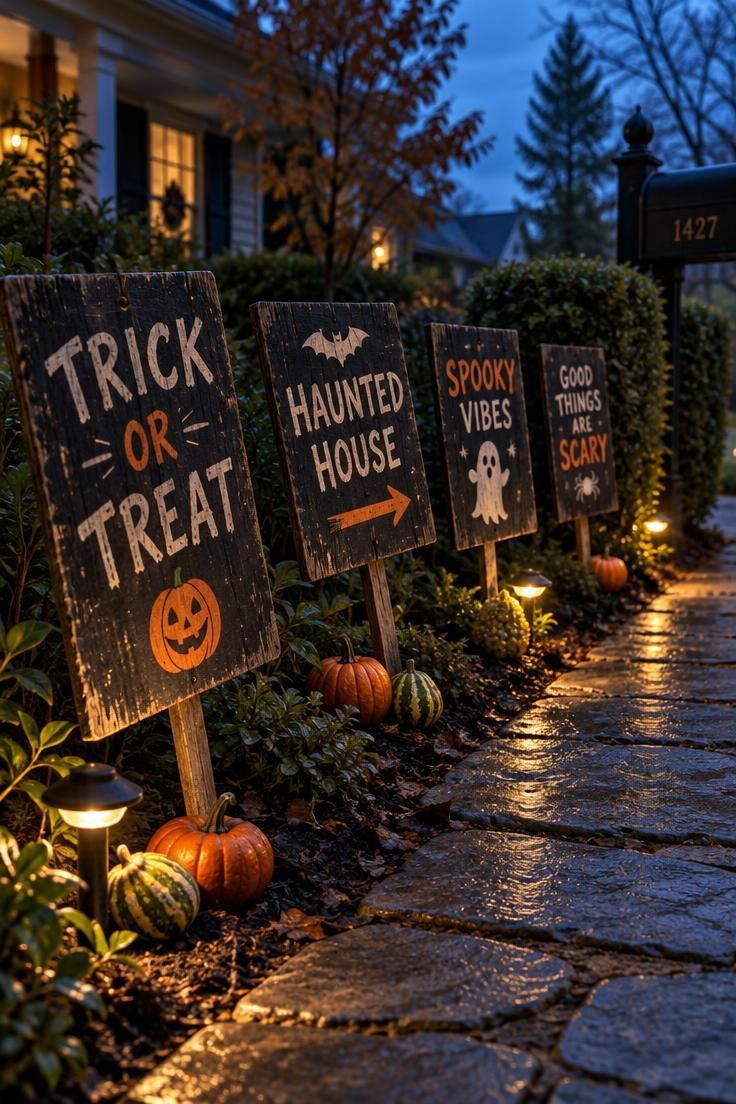 11 Spooky Halloween Yard Ideas for a Playful Street 11 Weathered wooden Halloween yard signs leaning at varied angles along a front walk with small gourds at their bases.