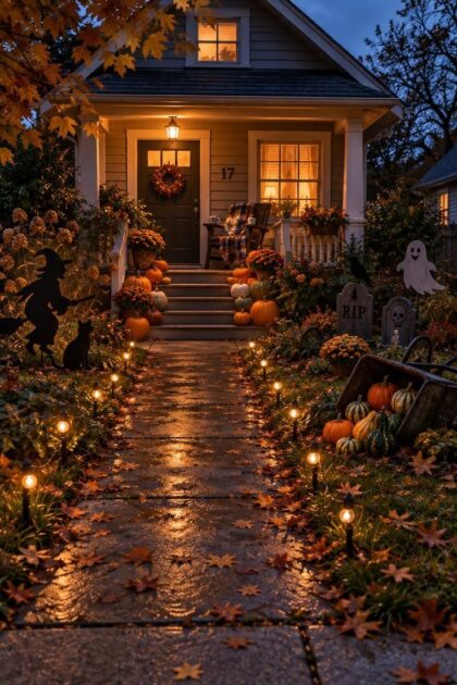 11 Spooky Halloween Yard Ideas for a Playful Street A warmly lit front yard at dusk with silhouettes, a gravestone cluster, gourds, and pumpkins arranged along the porch steps and walk.