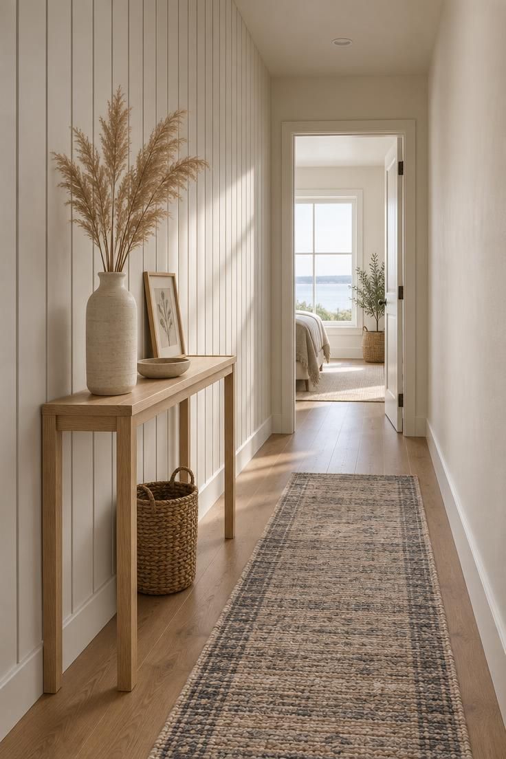 A narrow hallway with floor-to-ceiling vertical shiplap boards painted warm white along one long wall, a slim oak console with a ceramic vase and woven basket, and raking daylight from a far doorway.