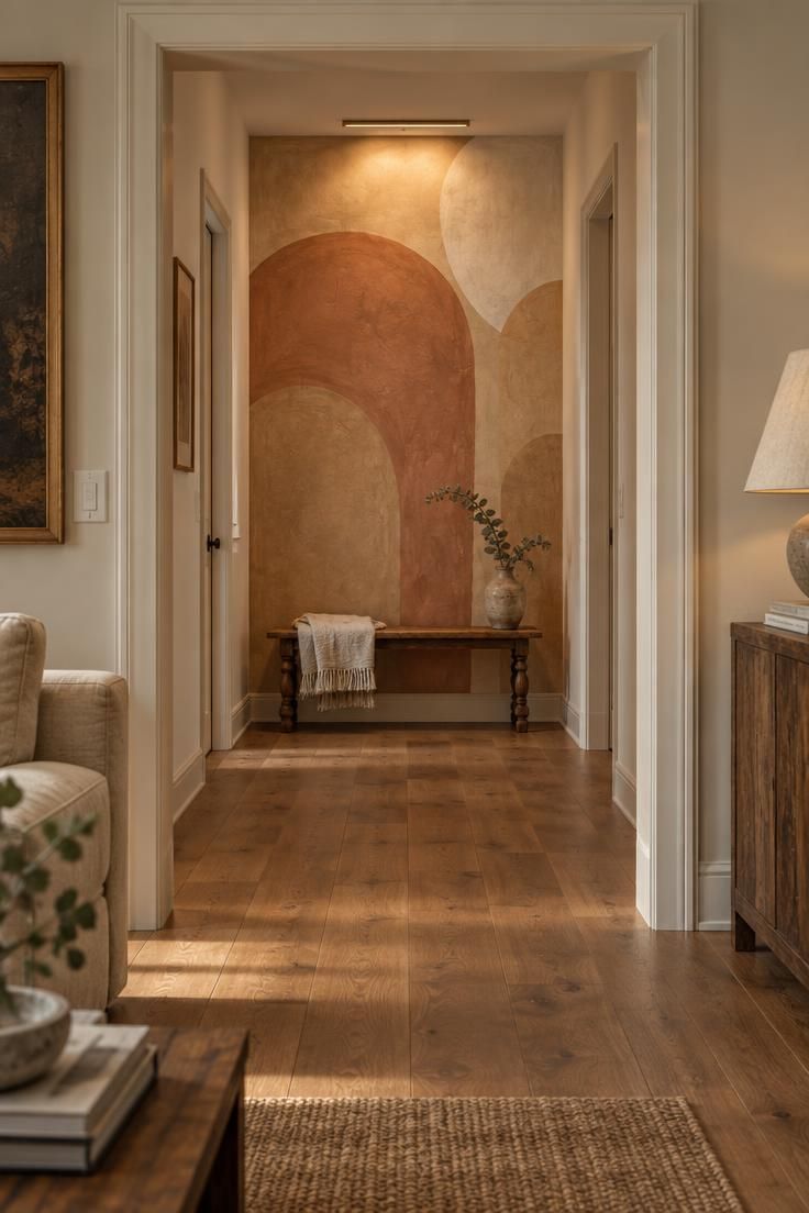A hallway viewed from the living room with a far end wall painted in a muted terracotta arch mural, a small wooden bench with a linen throw below, and warm light washing the shapes.