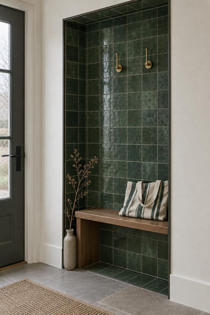 A close-up of a small entry niche fully tiled in deep green glazed ceramic with a pencil trim, holding a wooden bench, two brass hooks, and a folded striped tote.