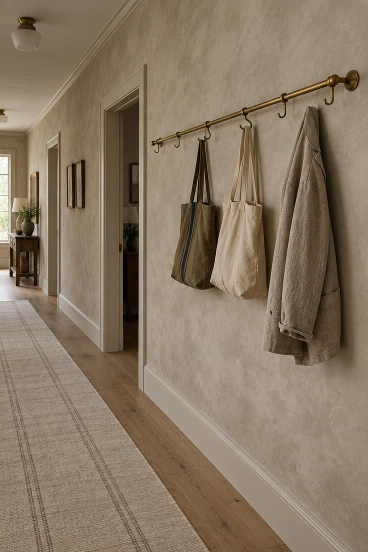 A long hallway side wall in warm putty limewash with subtle tonal variation, an aged brass coat rail holding canvas totes, and a pale striped runner on the floor.