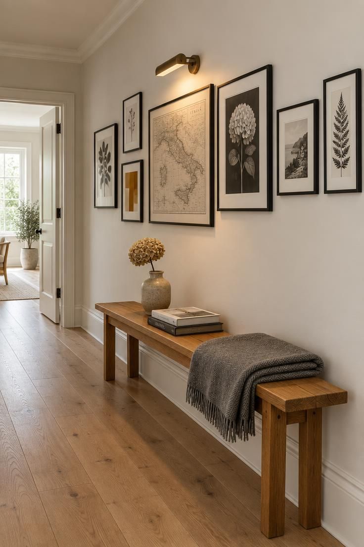 A narrow hallway with a loose horizontal gallery wall of black-framed prints above a slim backless oak bench, lit by a low sconce and midday daylight.