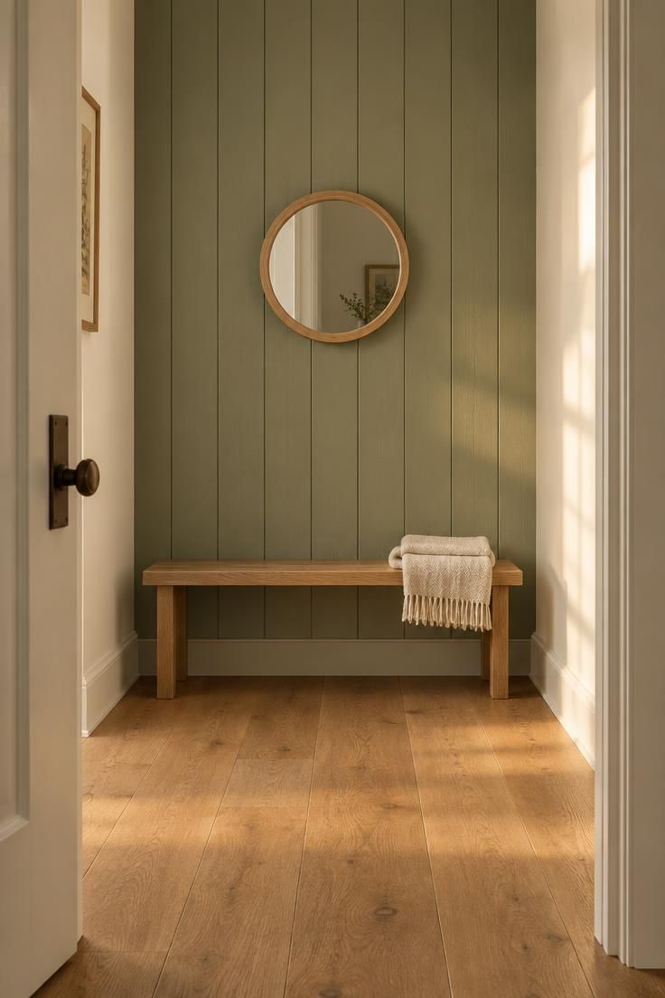 An end wall in dried sage vertical shiplap with a small round wood-framed mirror centered at eye level, side walls in warm white, a low oak bench, and warm late-day light.
