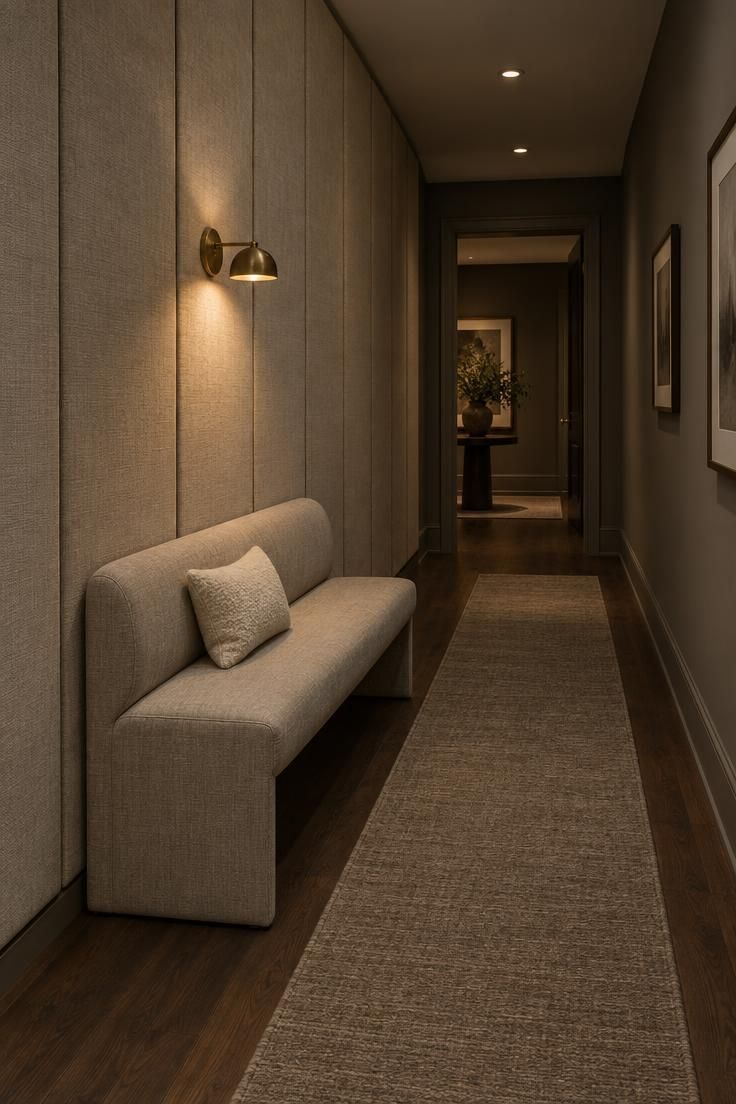 A hallway with full-height upholstered panels in soft oat linen blend along one long wall, a rounded bench in matching fabric, and a warm brass sconce above.