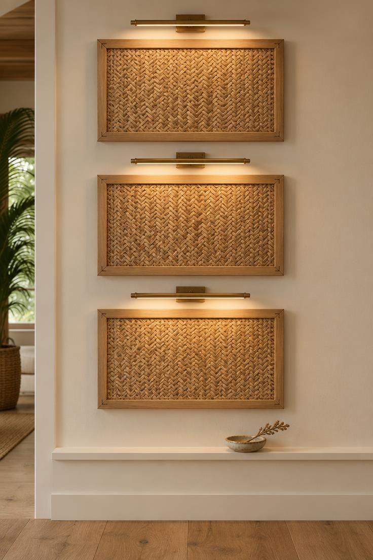 A close-up of three rectangular cane panels in light oak frames mounted in a vertical row on a warm-white wall, each lit by a slim brass picture light that reveals the herringbone weave.