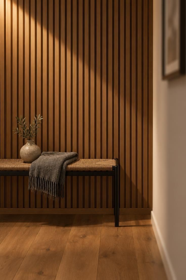 A close-up of a hallway end wall in vertical fluted oak slats in a warm mid-tone, with a slim black bench and woven cushion below, warm raking light defining the grooves.