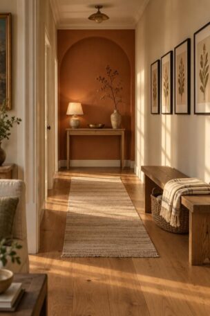 A warm hallway with a terracotta painted arch behind a slim oak console, black-framed botanical prints above a low bench on the long wall, and late-day light across a pale striped runner.