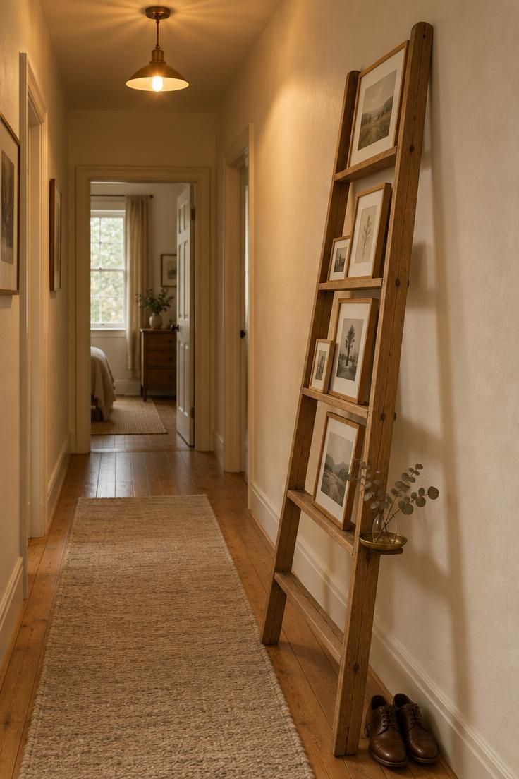 Warm wood leaning gallery ladder with thin oak frames in a softly lit hallway.