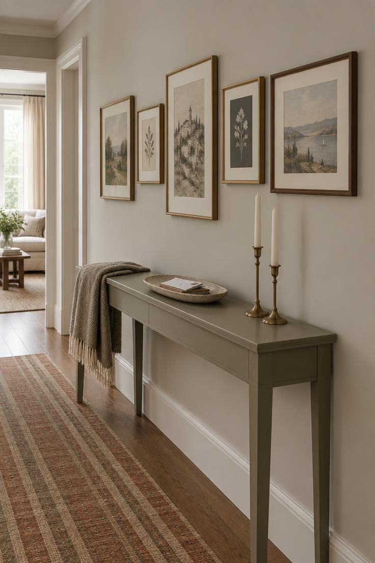 Top-aligned row of mixed-size frames above a slim painted console in a hallway.