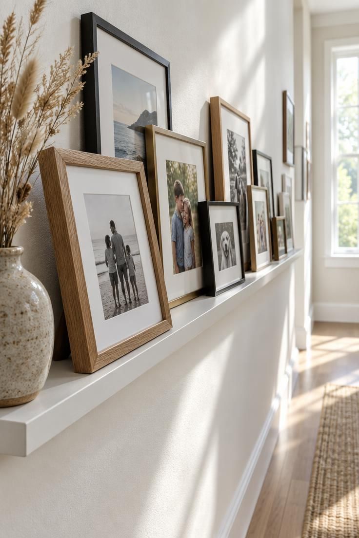 Shallow picture ledge lined with overlapping family photo frames in a bright hallway.